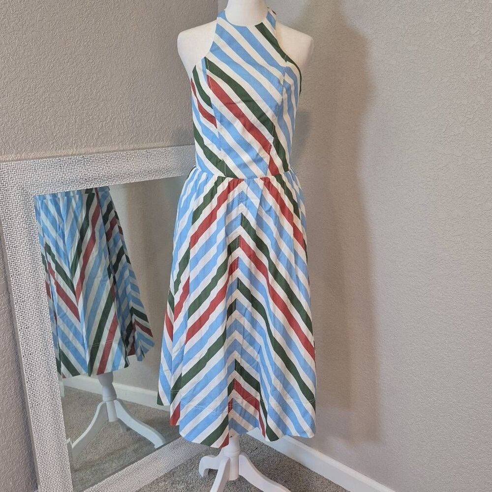Maeve Multicolor Striped Halter Midi Dress (Blue, Green, Red, White)